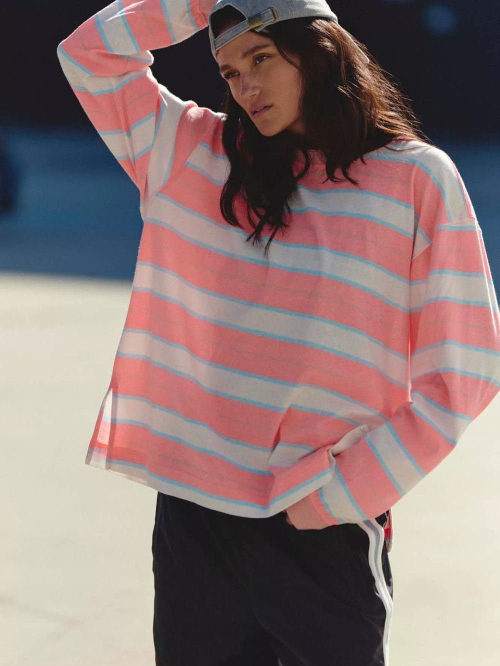 FP Movement Hustle Layer Striped Pullover In Neon Coral Combo, Size Medium, NWT